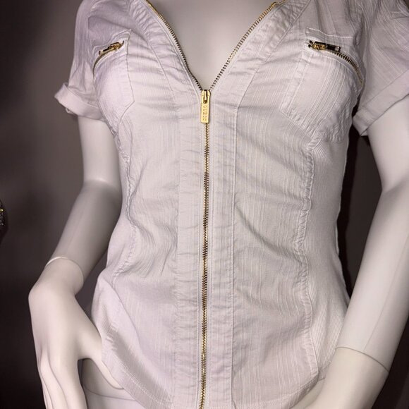 Guess White with Gold Zippers short sleeve top Full Zip up Women's Size XS - Picture 1 of 5